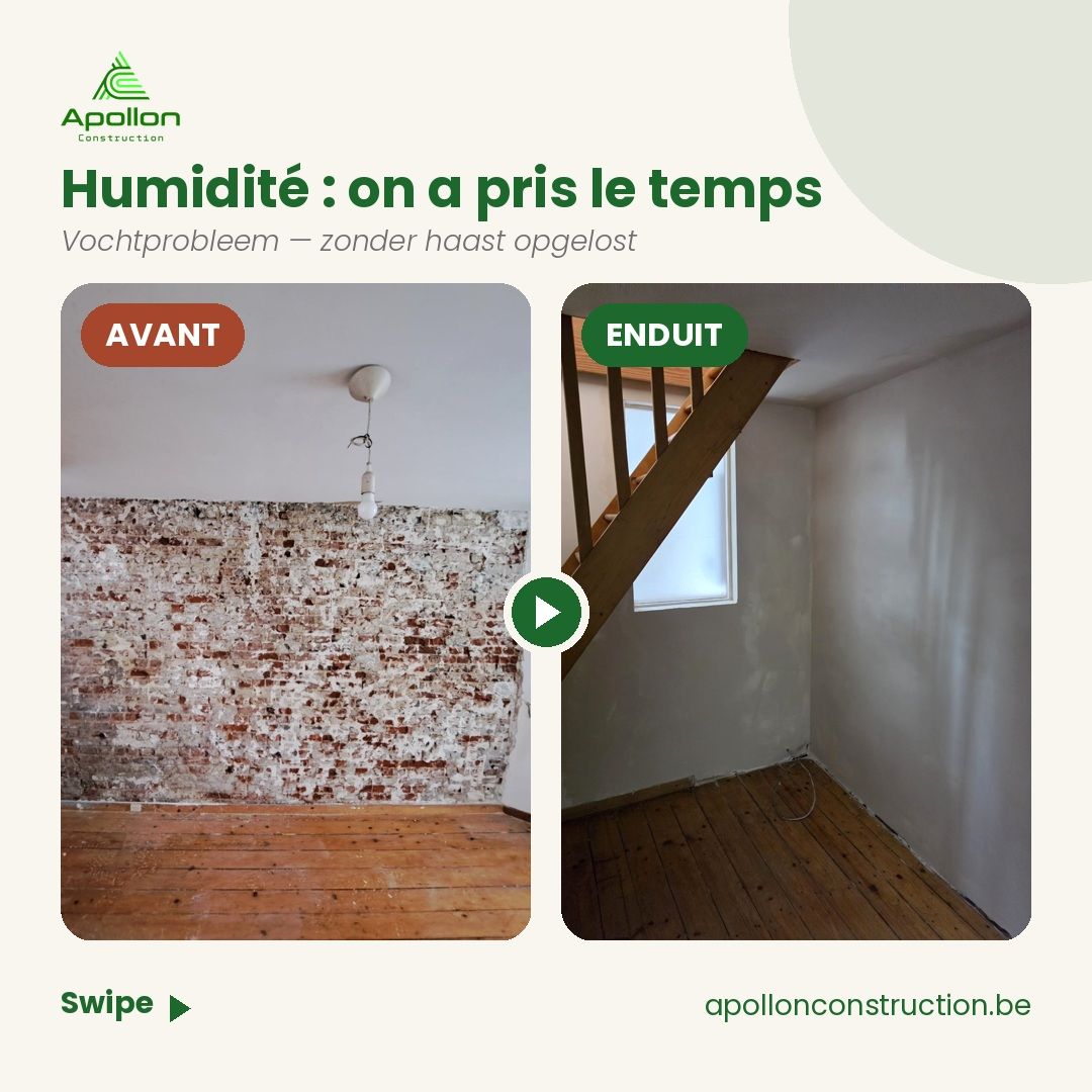 Mur humide avant et après réenduisage — chantier Apollon Construction