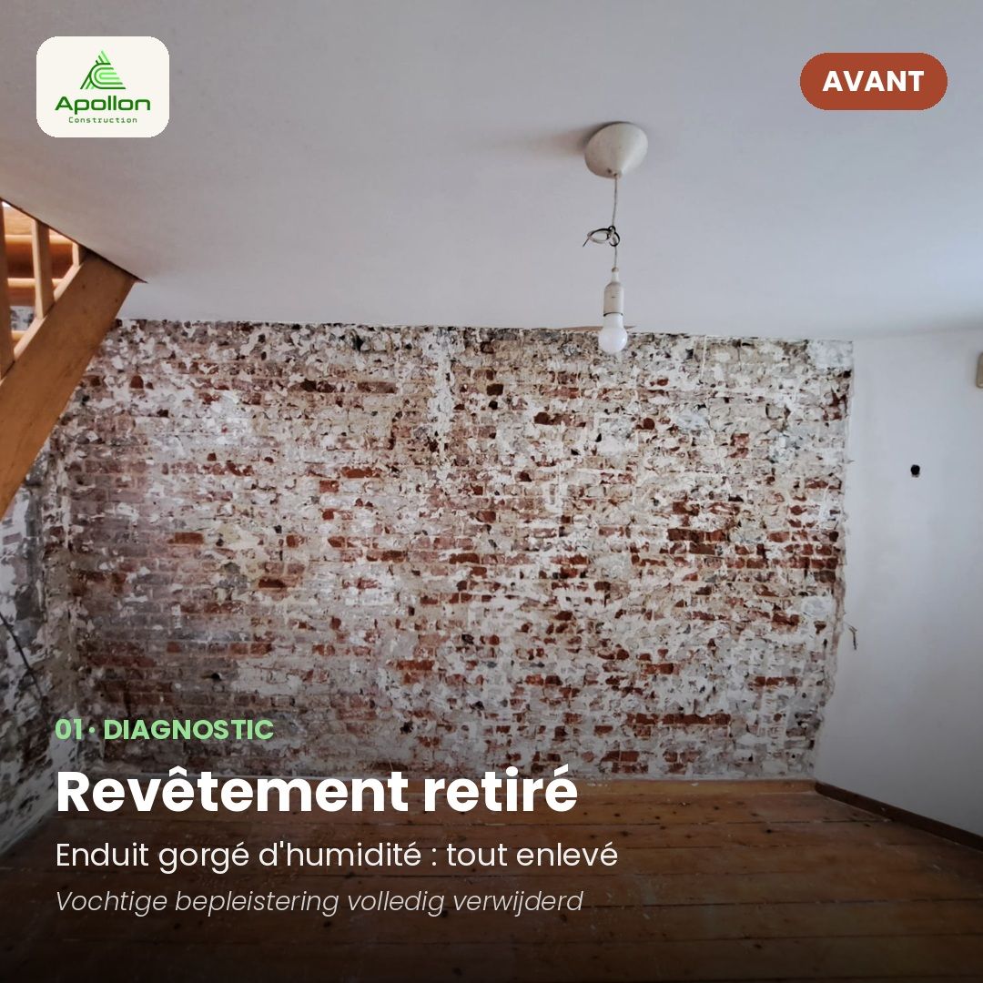 Damp wall: stripped, dried, re-plastered — Brussels